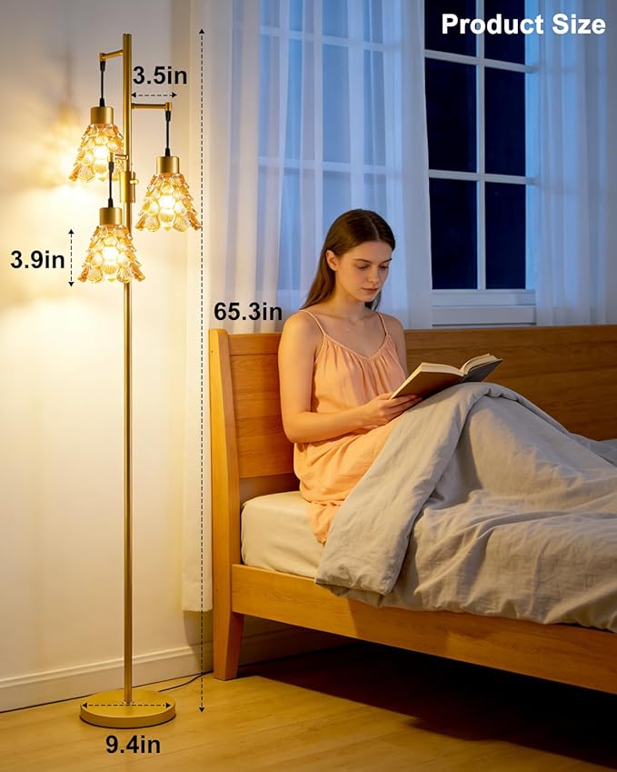 Glass Floor Lamps for Living Room, 67'' 3-Light Dimmable Floor Lamp with Brown Glass Shade& E12 Bulbs Included, Mid Century Standing Tall Lamp for Bedroom/Sofa Beside/Corner Decor-Gold