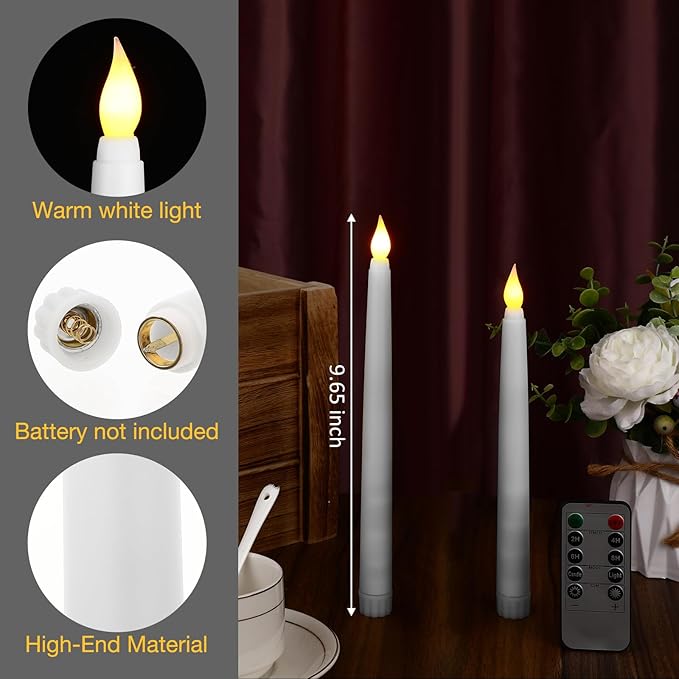 Tuanse 24 Pack Flameless Flicker Taper Candles Bulk with Remote and Timer, Battery Operated LED Warm White Taper Candles Light for Home Wedding Decoration Gifts(White,10 Inch)