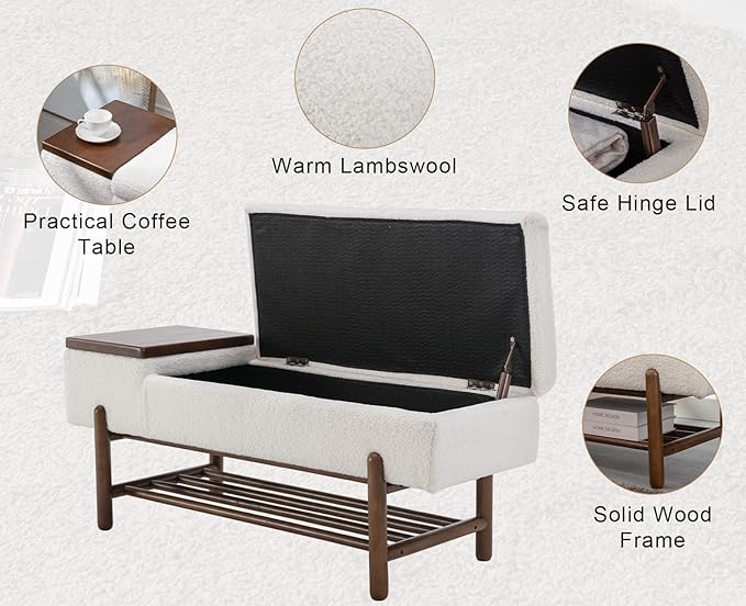 Modern Entryway Storage Bench, Upholstered Shoe Ottoman Bench, Sherpa Flip-Top End of Bed Bench with Wood Shelf/Coffee Table for Living Room/Bedroom/Hallway/Under Window,46.5 Inches,Beige Fur