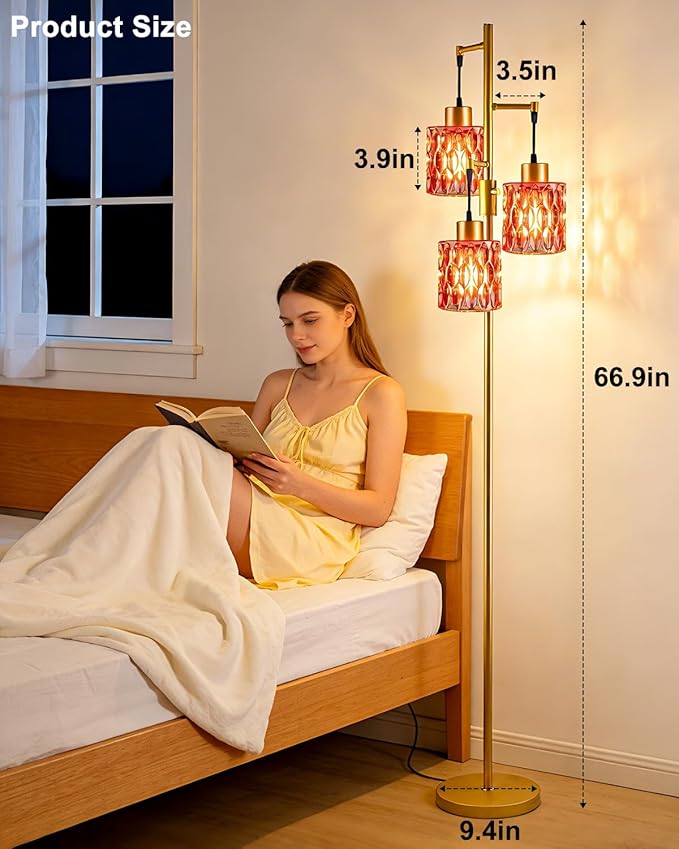 3-Light Floor Lamps for Living Room, Farmhouse Dimmable Gold Floor Lamp with Rose Red Glass Shade& Bulbs Included, Mid Century Standing Tall Lamp for Bedroom/Sofa Beside/Corner