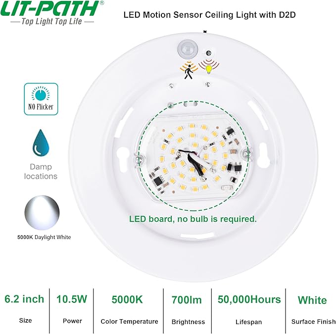 LIT-PaTH LED Flush Mount Ceiling Light, Closet Lighting Fixture with Motion Sensor and Dusk to Dawn, 10.5W, 800 Lumen, 6.2 Inch, Anti-Rust Galvanized Housing, White Finish 5000K 2-Pack