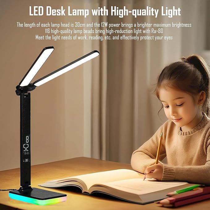 LED Desk Lamp with Wireless and Wired Charging, Foldable Table Light, 5 Brightness and 3 Lighting Modes, Time and Temperature Display, RGB Night Light, USB Powered (Double Head Black)