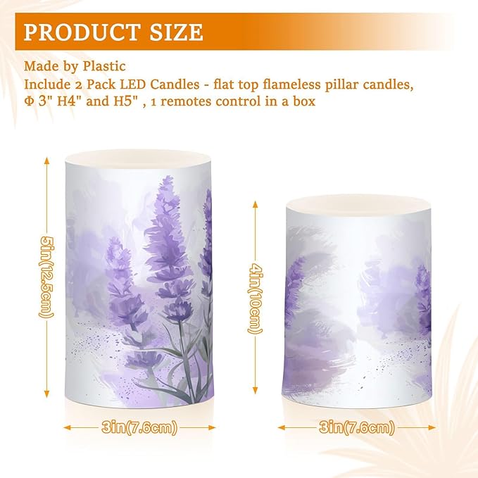 Watercolor Lavender Pattern Flameless Candles Color Changing LED Candles with Remote Control Battery Candles for Outdoor and Indoor Home and Room Decoration, 3'' x 4''/5'' Set of 2 Pieces