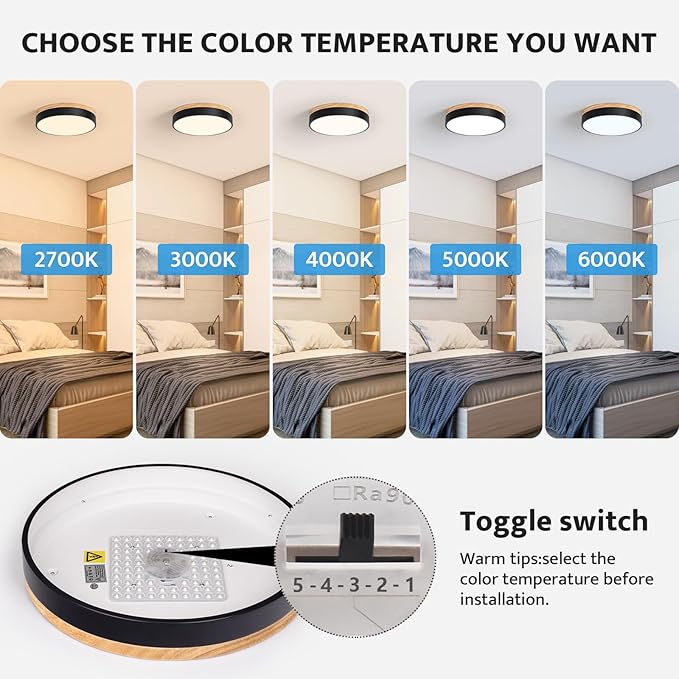 Modern Wood Oak Black Flush Mount Ceiling Light Dimmable LED Ceiling Light Fixture 2700K-6000K 5CCT Minimalist Circle Close to Lighting Lamp for Kitchen Bathroom Bedroom Laundry Room, 11.8''