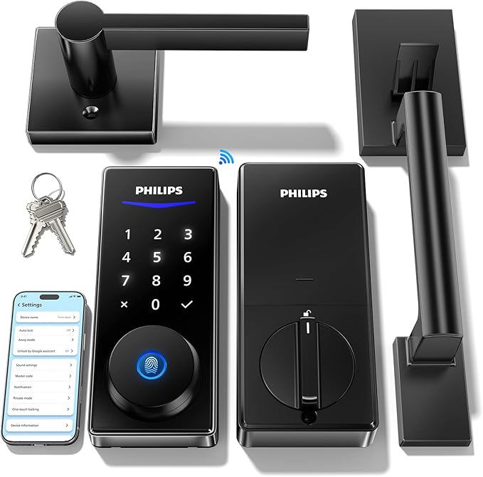 Philips Wi-Fi Smart Lock with Handle, WiFi Keyless Entry Keypad Door Lock with Handle, Front Door Deadbolt Set, Fingerprint Unlock, PIN Code Unlock, Auto Locking, App Remote Control, Bulit in WiFi
