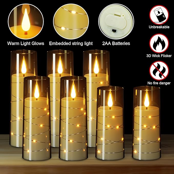Wondise Flameless Flickering Candles with Embedded Star String Remote and Timer Battery Operated Black Flickering LED Candles Pillar Candles for Christamas Home Decoration (9pack