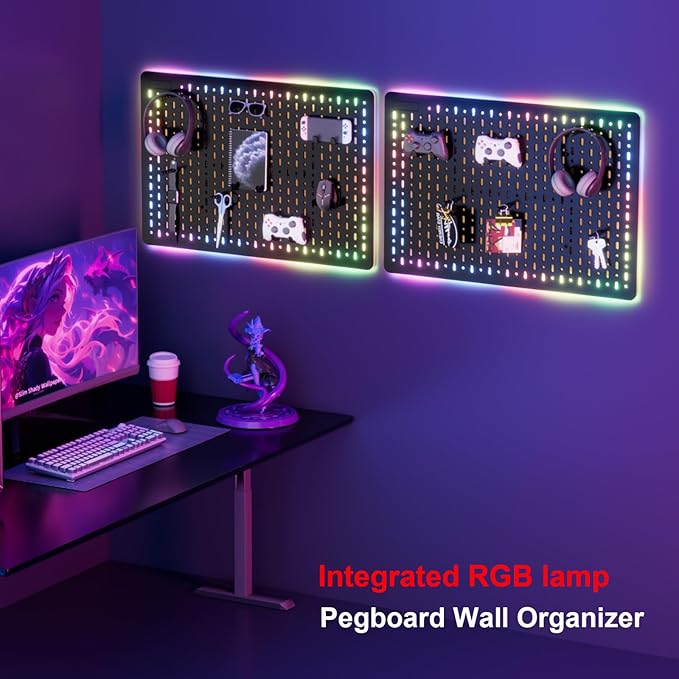Gaming Pegboard Organizer for RGB Light,Peg Board Wall for Gaming Room Decor, 22 x 14.8 inches,Ideal LED Light Peg Board, Office Wall Organization (Black 2PCS)