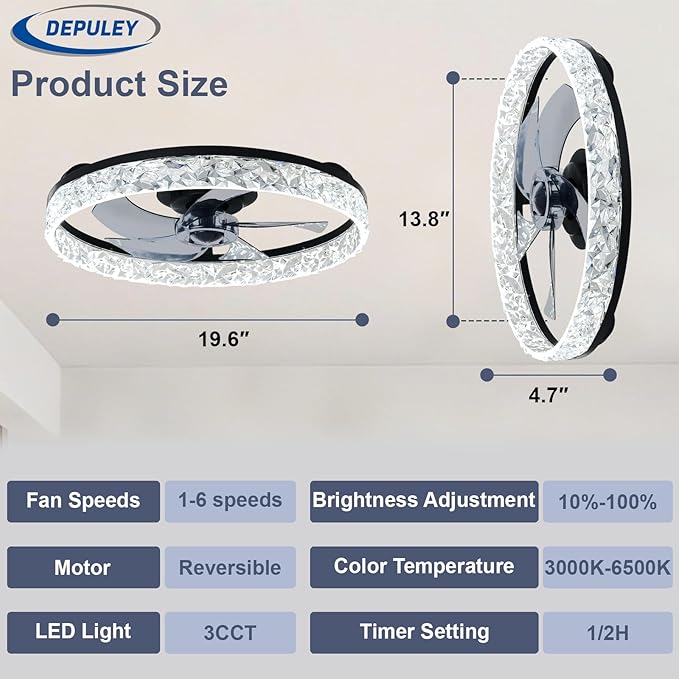 Depuley Bladeless Ceiling Fans with Lights: 20" Black Modern Low Profile Flush Mount Ceiling Fan with App Remote Control - Bedroom Enclosed Crystal Fandelier with Dimmable LED for Living Room Kitchen