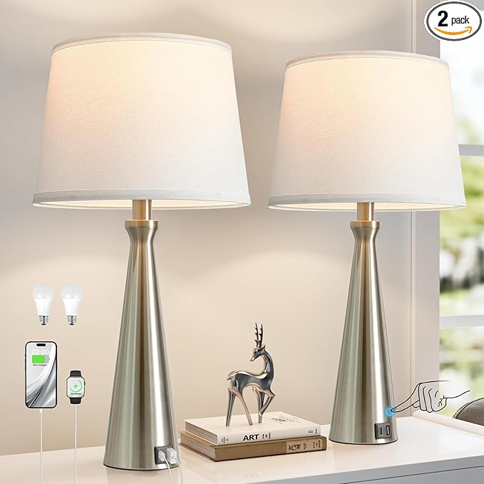 Seealle Modern Table Lamps Set of 2 - Touch Bedside Lamp for Nightstand with Dual USB C+A,3-Way Dimmable Silver Nightstand Lamps for Living Room Bedroom End Table with White Shade(Bulb Included)