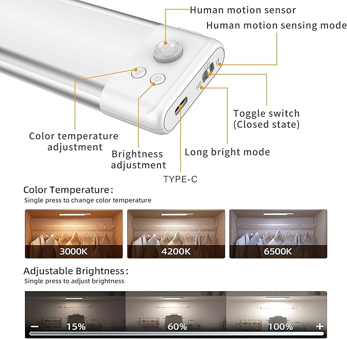 15.7inch Under Cabinet Lighting Rechargeable, 100 LED Super Bright, Motion Sensor, 3 Color Temps & Dimmable, Long Lasting Wireless Magnetic Closet Light for Kitchen, Pantry, Stairs (2 Pack)