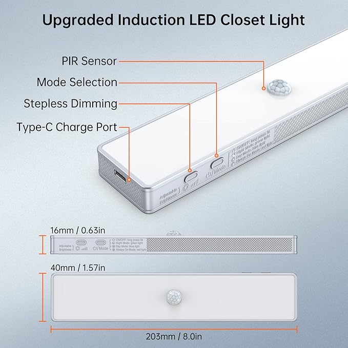 LED Closet Light, 30LEDs Dimmer USB Rechargeable Motion Sensor Light Under Cabinet Lighting with Remote Control, Wireless Stick-Anywhere Night Safe Light Bar for Wardrobe,Kitchen-2 Pcs