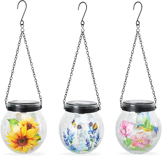 WONDER GARDEN Solar Lanterns Outdoor Waterproof, 3 Pack Hanging Solar Lights Decorative, Sunflower Hummingbird Bee Glass Garden Lantern Light for Yard Outside Patio Outside Decor Gift, White Light
