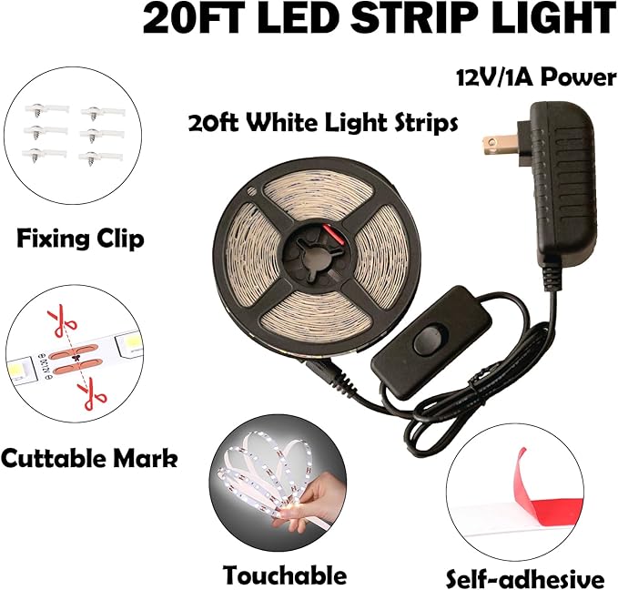 20ft White LED Light Strip Kit, 6500K Strip Light, 360 LED 12V Flexible Cuttable LED Light Strips for Bedroom Kitchen Under Cabinet Lighting Indoor