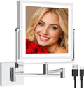 Ruacq Rechargeable Wall Mounted Makeup Mirror with Lights, Double Sided 1X/10X Magnifying Vanity Mirror with 3 Color Lighting, Touch Screen Dimmable, 360° Rotation Extension Foldable Arm(Chrome)