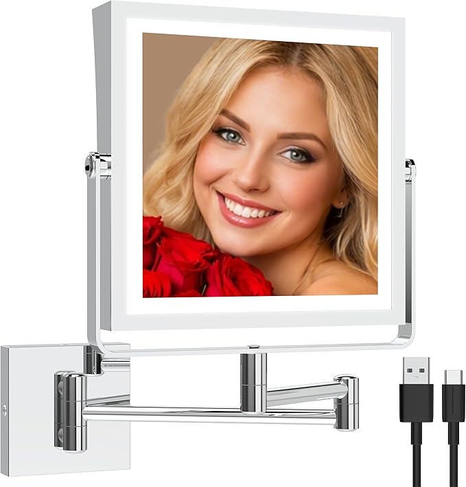 Ruacq Rechargeable Wall Mounted Makeup Mirror with Lights, Double Sided 1X/10X Magnifying Vanity Mirror with 3 Color Lighting, Touch Screen Dimmable, 360° Rotation Extension Foldable Arm(Chrome)
