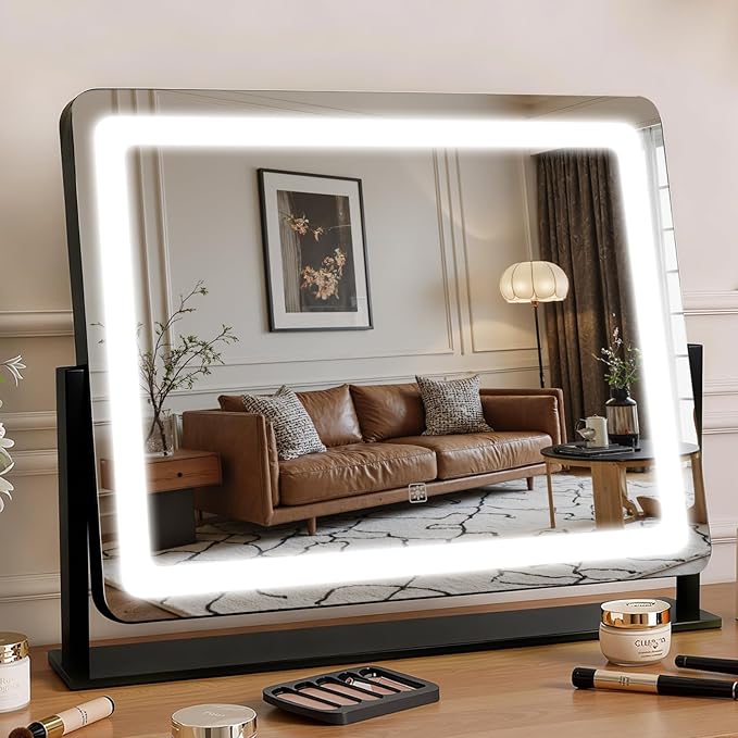 Vanity Mirror with Lights 22"×17", Large LED Makeup Mirror with Light, Smart Touch with 3-Color Lighting, Dimmable, 360° Rotation, HD Desk Mirror, Vanity Mirror Tabletop (Black)
