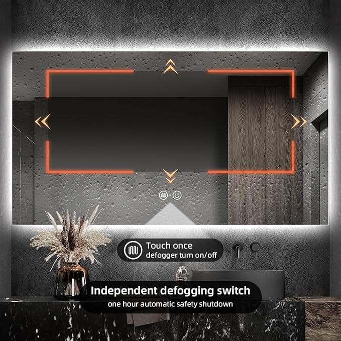 Backlit LED Bathroom Mirror, Infrared Motion Sensor Vanity Mirror with 3-Color Lights, Stepless Dimmable Wall Lighted Mirror with Anti-Fog, Memory, Rectangular (36" H x 60" W)
