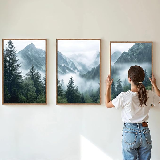 YeeHomedec Large Mountain Framed Canvas Wall Art, Modern Calming Forest Wall Decor, Misty Nature Mountains Art Painting, Wooden Pine Trees Artwork for Living Room Bedroom Farmhouse 24"x36"x3