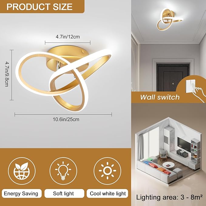 Modern LED Ceiling Light,25cm 22W Flower Shape Gold LED Ceiling Lights, 6000K Cool White Light Lamp, Modern Ceiling Lights for Living Room, Bedroom, Kitchen, Hallway, Office - Brushed Gold