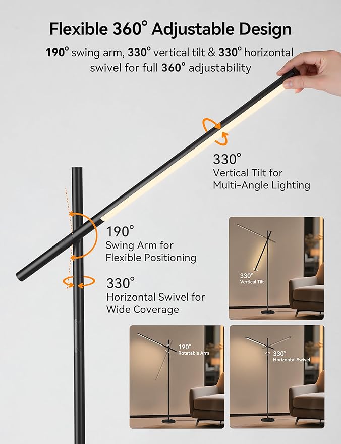 Tubicen Rotatable Corner Floor Lamp Triple-Joint 190° Arm 330° Head Rotation Standing Lamp 3 Color 4-Stage Touch Dimmable Modern LED Corner Floor Lamp for Bedroom Office Living Room Bedside Work
