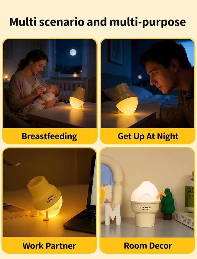 Night Light for Kids, Rechargeable Bedside Touch Lamp, Portable Dimmable Nightlight, Cute Lamp Gifts for Baby, Teens, Adults, Table Decor for Bedrooms, Office(Ice Cream Duck)