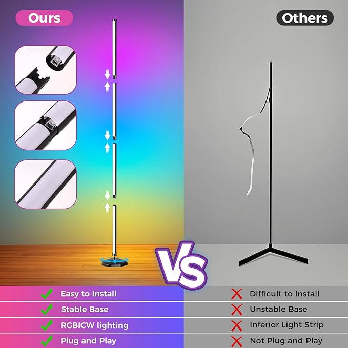 DomeStar Smart RGBIC Corner Floor Lamp, Ambient Lighting 16 Million DIY Color Changing Standing Led Lights with Music Mode and Timing for Living Rooms, Gaming Rooms, Aesthetic Home Decor, Cool Gifts