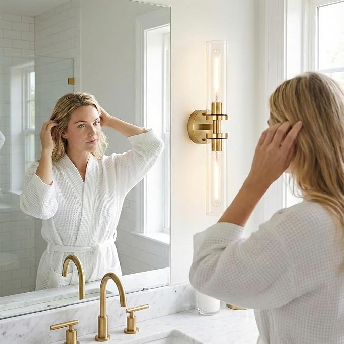 Wall Sconces 2-Pack, Hardwired Bathroom Light Fixtures, Modern Farmhouse Vanity Wall Lighting with Clear Glass Shades, E26 Base Wall Sconce Wall Lights for Bathroom Wall Decor, Gold