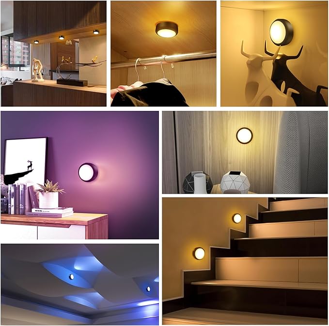 Alivation Puck Lights with Remote Control, LED Under Cabinet Lighting Wireless, LED Light Battery Operated, Tap Battery Powered, Stick on Push Lights for Closet, Kitchen, Wall, Counter (Black)
