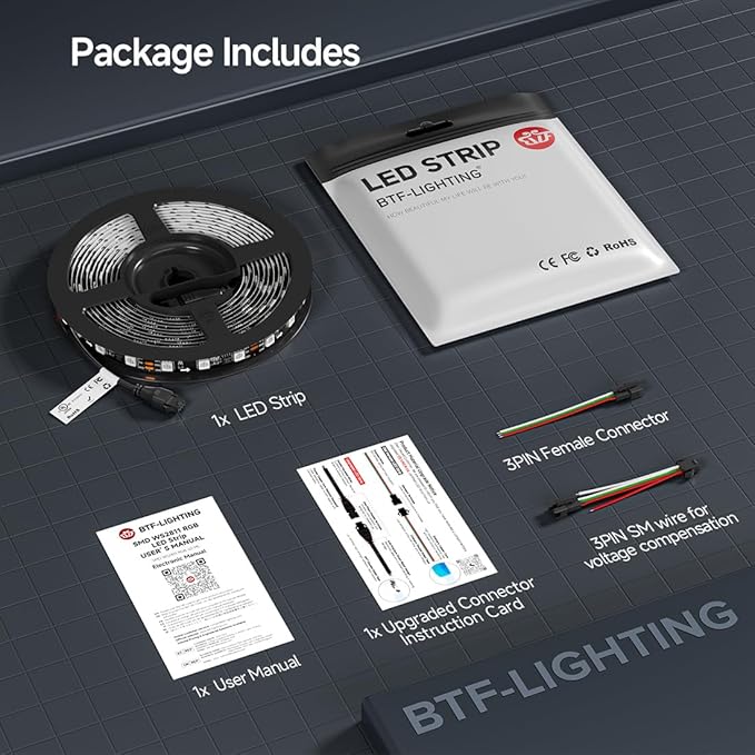 BTF-LIGHTING UL Listed WS2811 IC=RGB+IC Addressable Color RGB LED Strip,16.4FT 60LED/m 10Pixels/m,IP65 Black PCB Flexible DC12V Chasing Effect for Indoor Home Decor,3M Tape(No Adapter or Controller)