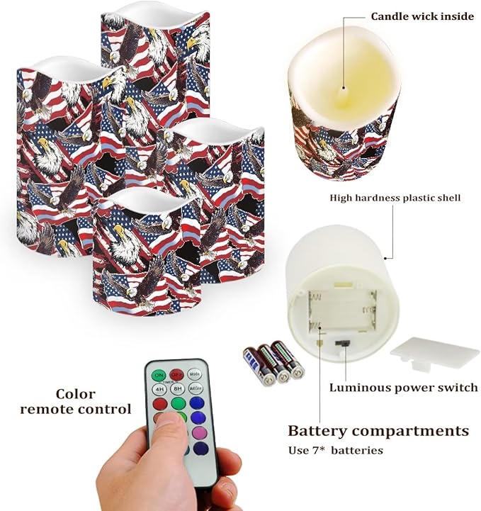Star Stripes Patriotic Electric Candle American Flag Bald Eagle Print Flameless LED Flickering with Timer Independence Day Patriotic Light for Fireplace Living Room Decor, 4 Pack
