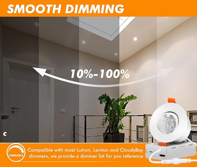 CLOUDY BAY 3 Inch 5CCT LED Eyeball Recessed Light,Dimmable Swivel Adjustable Downlight, 2700K/3000K/3500K/4000K/5000K Selectable,8W,Airtight,ETL,FCC,Pack of 6