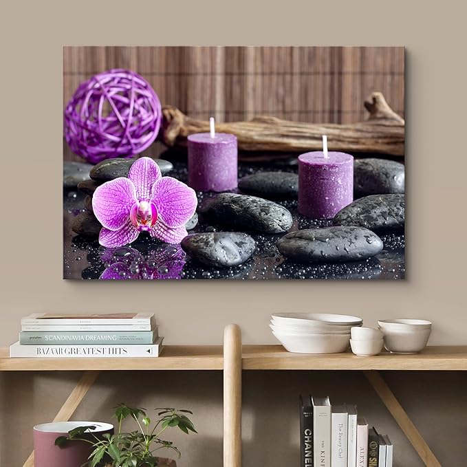 wall26 Canvas Print Wall Art Zen Stones with Purple Orchid and Calming Candles Nature Floral Photography Realism Rustic Colorful Multicolor Ultra for Living Room, Bedroom, Office - 16"x24"
