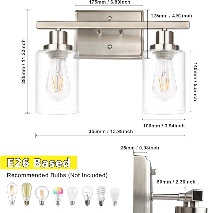 Ascher 2-Light Wall Sconces, Modern Vanity Light Fixture with Clear Glass Shade, Brushed Nickel Wall Light for Mirror Bedroom Hallway, E26 Base (Bulbs Not Included)