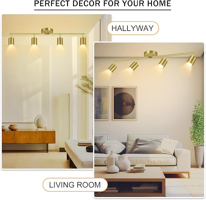 BoostArea Gold LED 4 Light Track Lighting Kit, 4 Way Ceiling Spot Lighting, Flexibly Rotatable Light Head for Kitchen, Living Room, Bedroom, Bulb Not Included