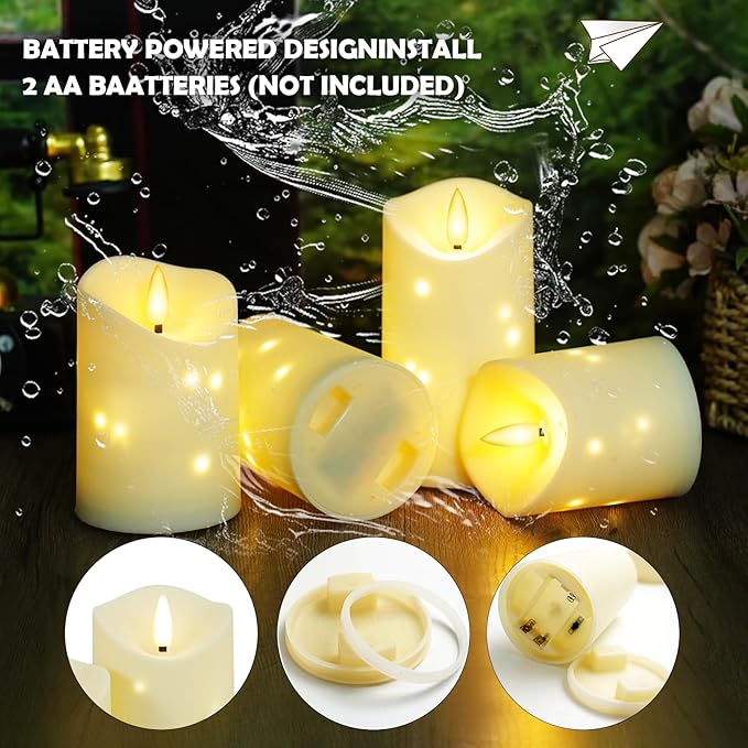 Outdoor Waterproof Flickering Flameless Candles with Embedded Star String,2Pcs LED Pillar Candles Battery Operated with Remote and Timers for Courtyard,Porch,Camping,Holiday Decoration(Ivory)