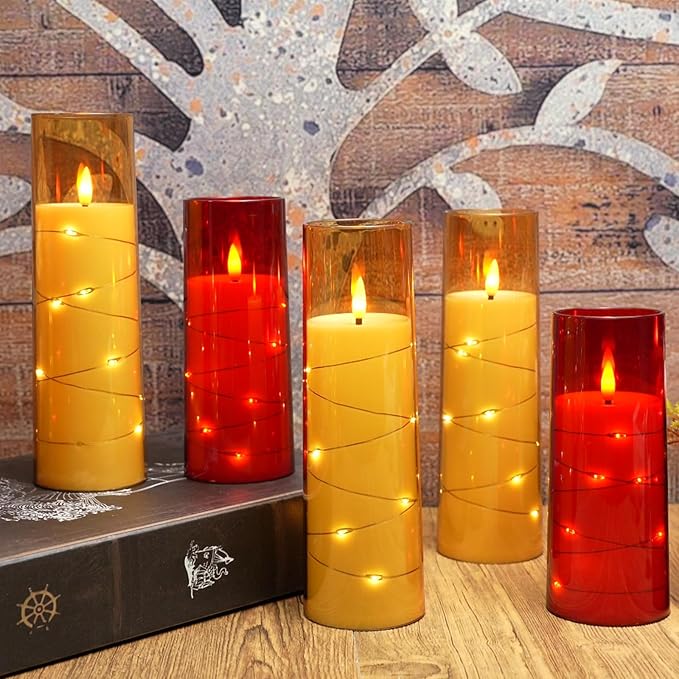 Flameless Candles with Embedded Star String, Battery Operated LED Pillar Candles with Timer and Remote Control,Home Decorating for Ambiance， Set of 7 (Red)