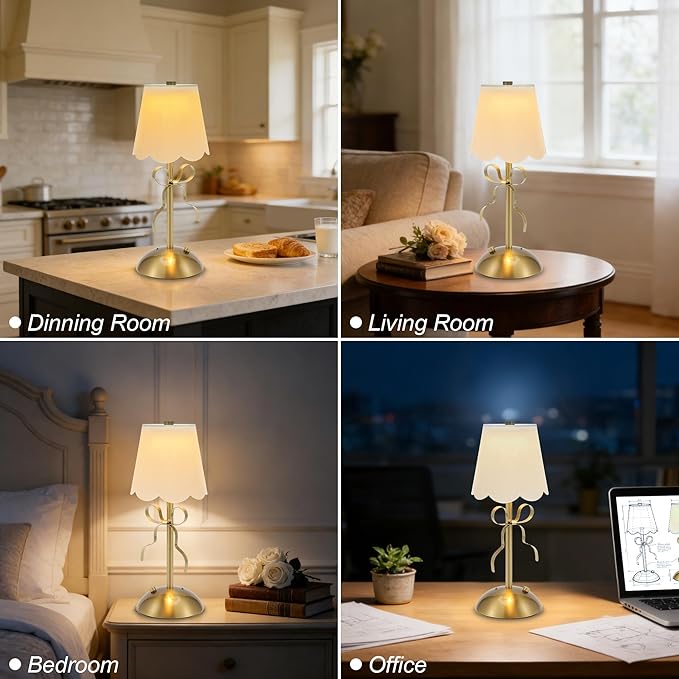 Cordless Table Lamp,Rechargeable LED Desk Lamp,Small Bedside Lamps with Touch & 3 Color,Cute Room Decor Bow Lamp,Night Light for Girls' Room Princess Room (Gold)