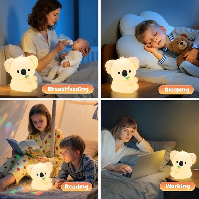 Squishy Koala Night Light with RGB Mode Cute Cuddly Koala Light 3 Brightness Adjustable Nursery Breastfeeding Nightlight Rechargeable Silicone Touch Bedside Animal Lamp for Bedroom Dorm Decor