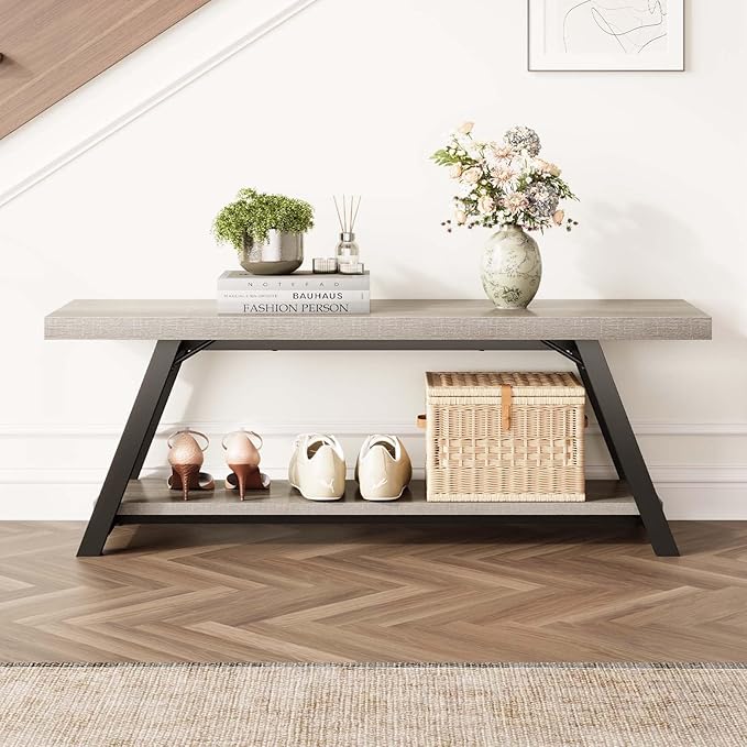 LVB Industrial Entryway Bench, Wood and Metal Storage Bench, Indoor Farmhouse Hallway Accent Entry Bench for Seating Sitting, Shoe Rack Organizer Cabinet in Foyer Bedroom, Light Grey Oak, 47 Inch Long