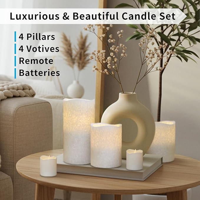 FURORA LIGHTING White Crystallized Real Wax LED Candles with Remote and 6/18 Timer, 4 Pillars and 4 Votives Pack of 8, Flameless Flickering Candles for Home Décor, Battery Included