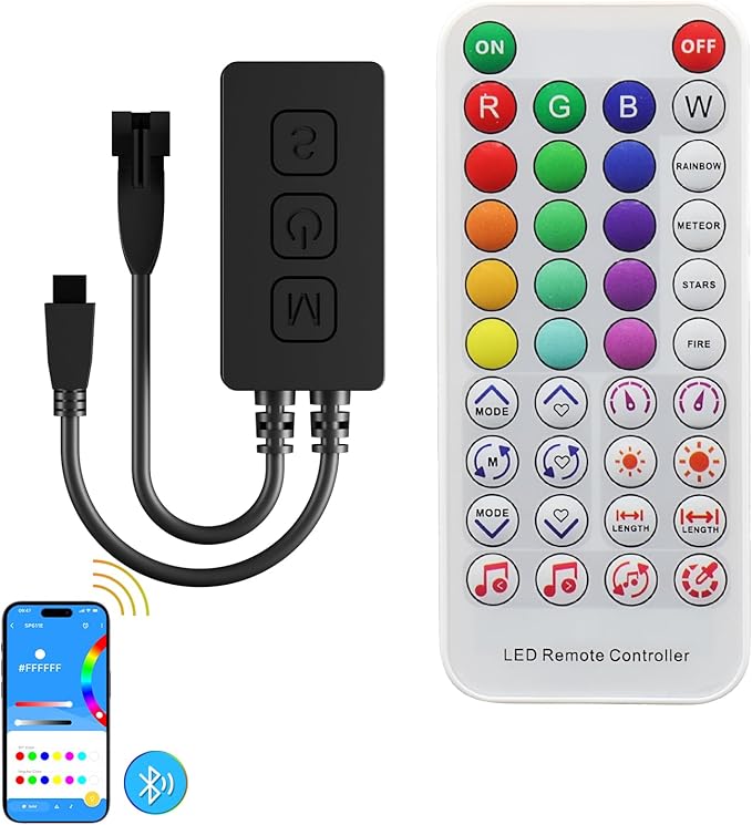 SP611E Bluetooth Music LED Controller for 1903B WS2812b WS2811 IC RGB Chasing Color LED Strip Addressable Sync Music Controller DC5V-24V APP/IR Remote Control(NOT for RGB LED Strip Without IC)