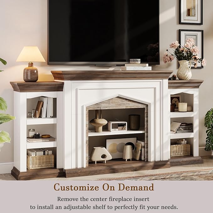 LGHM 80" Fireplace TV Stand for TVs Up to 90 Inch, Electric Fireplace with Mantel, Farmhouse Entertainment Center with Storage, Fireplace Heater Insert with 3D Flame Effect for Living Room