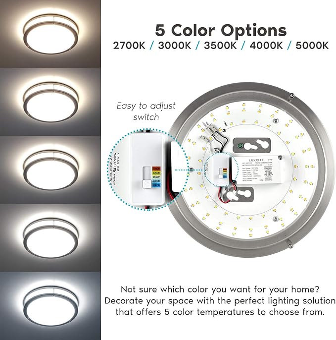 LUXRITE 10 Inch LED Flush Mount Ceiling Light, CCT Color Temperature Selectable 2700K | 3000K | 3500K | 4000K | 5000K, Dimmable Ceiling Light Fixture, 14W, 1050 Lumens, Energy Star, ETL Listed