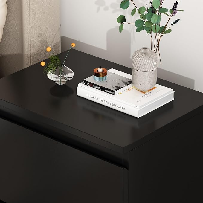 FAMAPY Modern Nightstand with 2 Drawers, Bedroom Storage Cabinet, Modern End Side Table, No Handle Design, for Living Room Black 15.7”W x 11.6”D x 18.9”H