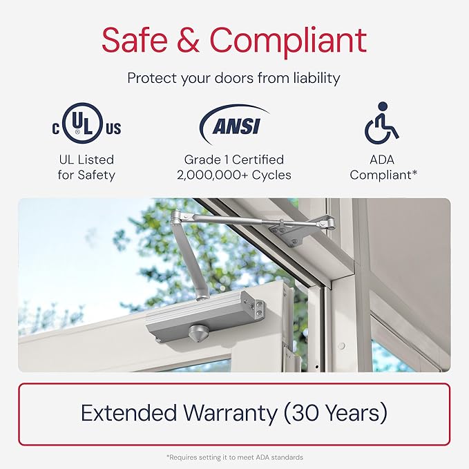 Lawrence Medium/Heavy Duty Door Closer Commercial Grade 1 - Surface-Mounted Commercial Automatic Door Closer with Adjustable 6-Speed Control and 3 Valves - Embassy Series LH5016
