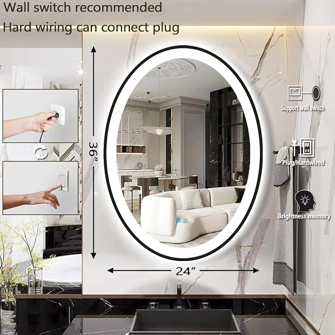 THEKLA 24 x 36 inch Black Frame Oval LED Mirror for Bathroom Salon Wall Mount 36 inch Black Framed Oval Lighted Vanity Mirror with Lights Smart Set Memory 3 Color Dimmable Front Light Anti-Fog