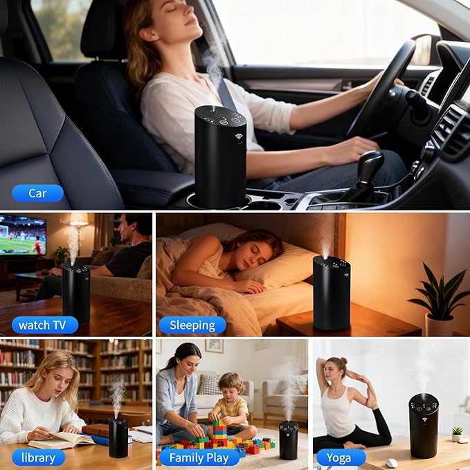 Waterless Essential Oil Diffuser Starter Kit & Waterless Diffuser Bundle, Battery Operated Portable Scent Diffuser, 3 Timers & Mist Levels for Home Car Office Bevel Design(Bluetooth Control)
