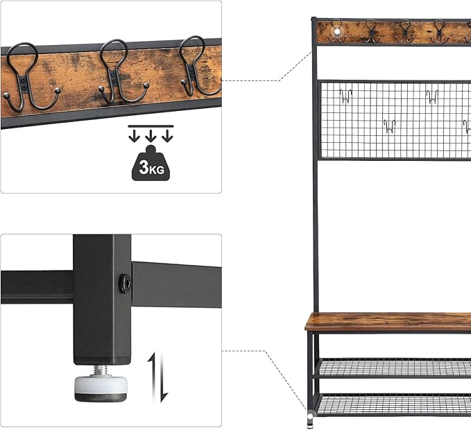VASAGLE Industrial Coat Rack Stand, Shoe Rack Bench with Grid Memo Board, 9 Hooks and Storage Shelves, Hall Tree with Stable Metal Frame, Rustic Brown UHSR46BX