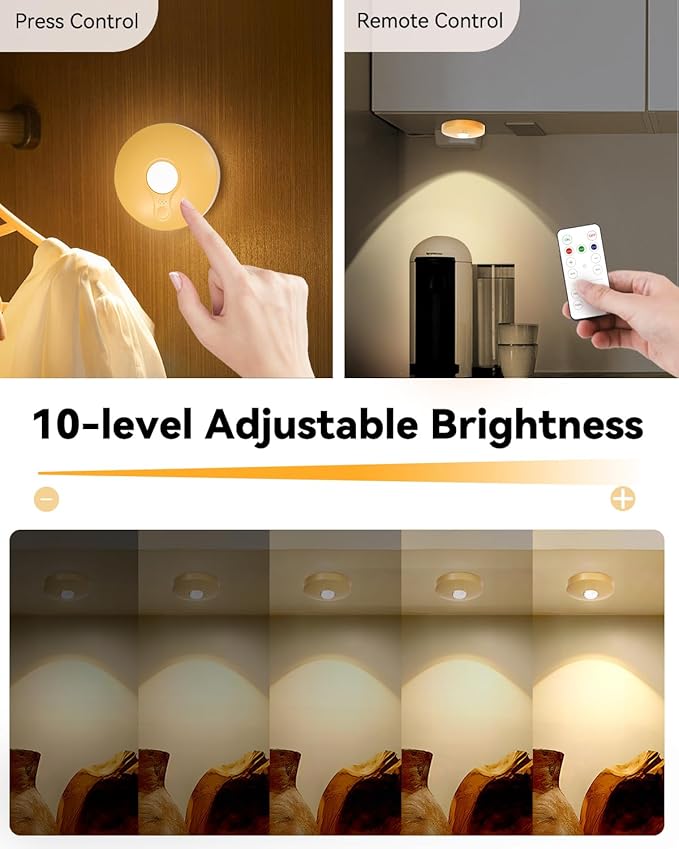 Rechargeable Puck Lights With Remote Control, 1500mAh Battery Operated Tap Lights, Dimmer & Timer Under Cabinet, Wireless LED Stick-On for Closet, Bedroom, Kitchen - Gold 3Pcs