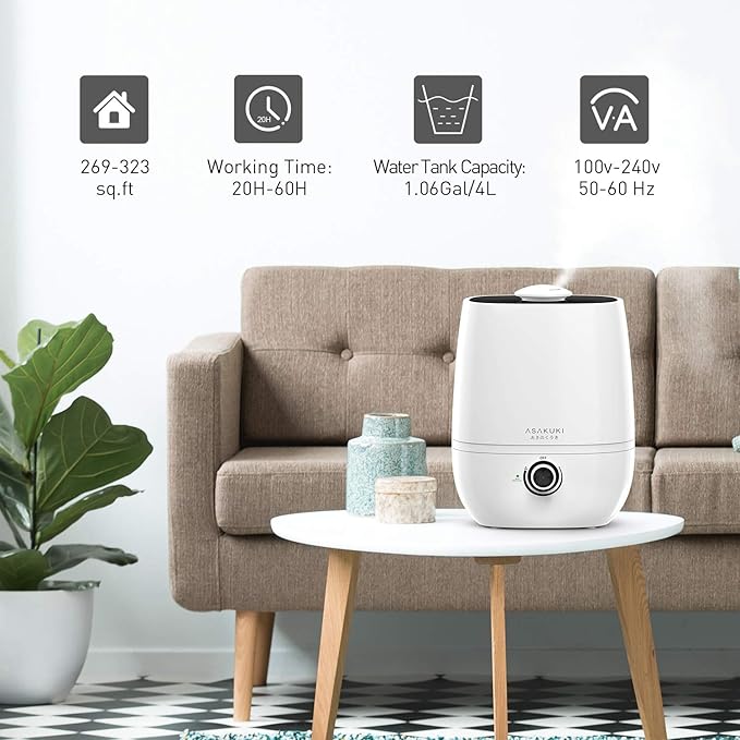 ASAKUKI Premium Cool Mist Humidifier, Large 4L Capacity Ultrasonic Diffuser Vaporizer, Whisper-Quiet Air Humidifier for Home,Office,Bedroom,Baby, Lasts Up to 20-60 Hours